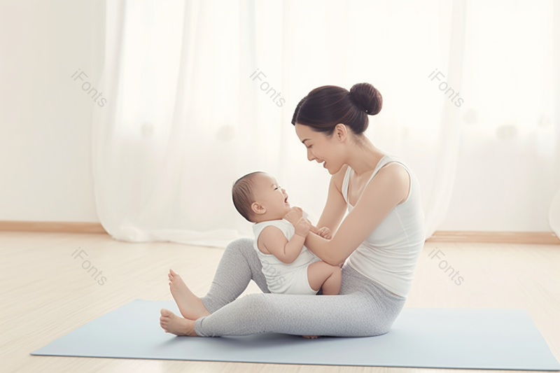 儿童节母亲节带娃的母亲婴儿居家做瑜伽室内客厅瑜伽垫陪伴运动,高清,摄影图,摄影图片,图片大全,摄影图免费下载